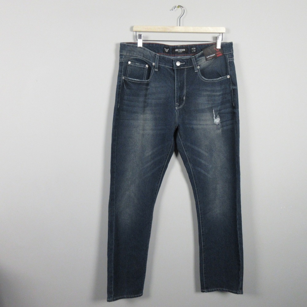 MBX Denim Men Slim Straight Stretch Jeans 34 x 30 Blue Distressed NEW
